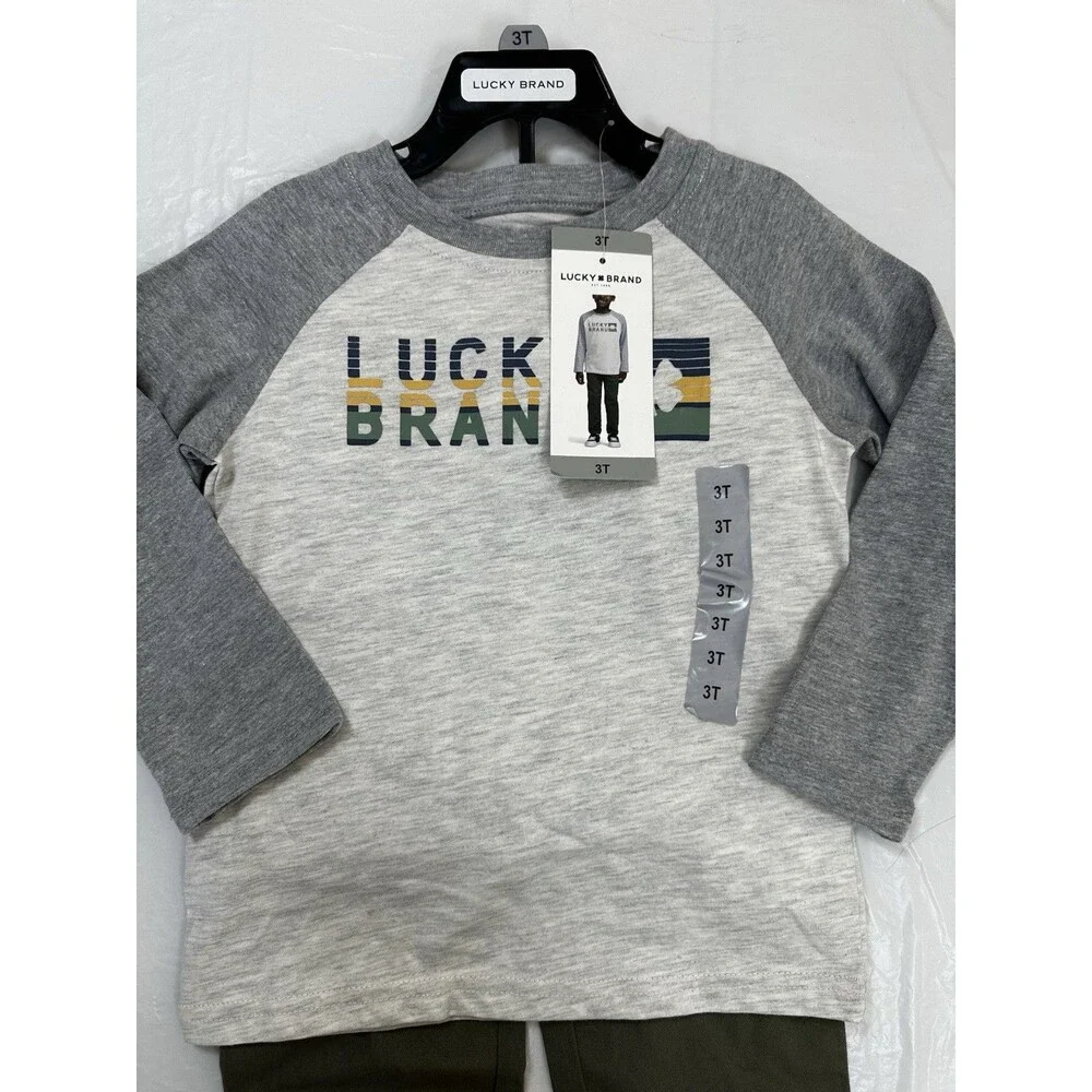 NWT Lucky Brand Boy's 2 Piece Set Size 3T Long Sleeve Gray/Olive